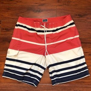 J Crew Men’s Navy Coral Cream Color Striped Swim Trunk Board Shorts